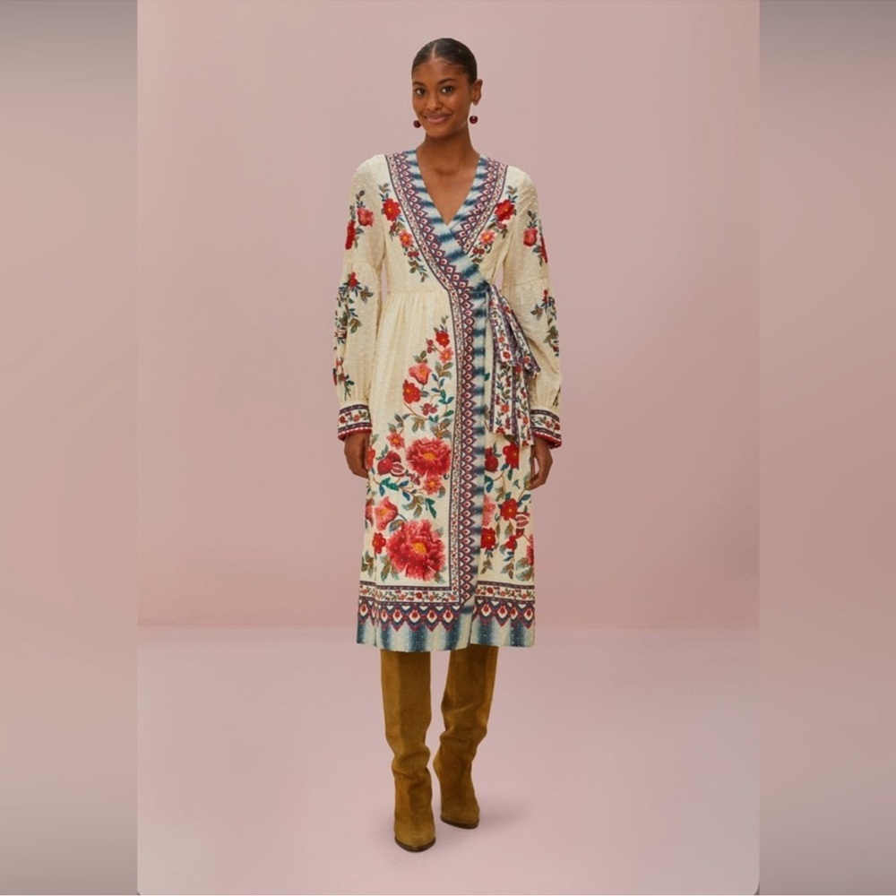 Farm Rio Sand Mosaic Garden Wrap Midi Dress